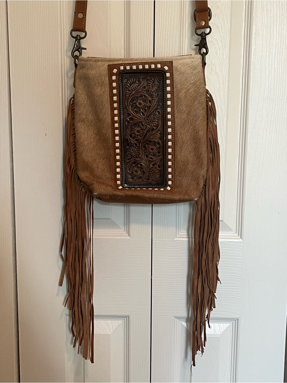 Myra Bag Brown Hair-on-Hide Crossbody with Tooled Leather Panel and Fringe - Picture 2 of 12